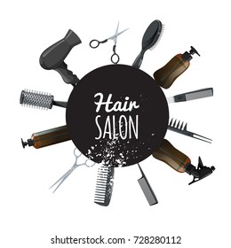 Hair and beauty salon poster with black circle and hair accessories. Professional hairdressers tools. Vector illustrations isolated on white background.