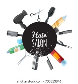 Hair and beauty salon poster with black circle and hair accessories. Professional hairdressers tools. Vector illustrations isolated on white background.