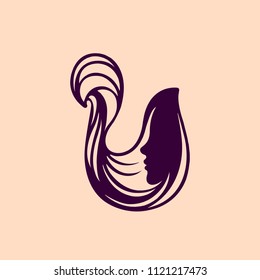 Hair and beauty salon vector icon.Logo representing a beautiful woman portrait with long, wavy hair in the shape of stylized letter U.