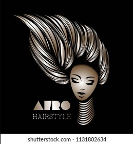 Hair And Beauty Salon Vector Illustration.Beautiful African American Woman With Shiny Long , Wavy Hair And Bold Makeup, Wearing A Traditional Necklace.