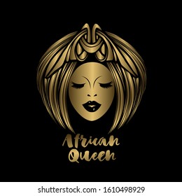 Hair and beauty salon vector illustration.Beautiful African american woman with shiny long hair and bold makeup, wearing an ornate crown.Golden portrait with Afro hairstyle.