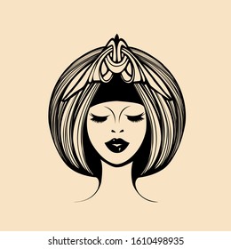 Hair and beauty salon vector illustration.Beautiful African american woman with long hair and bold makeup, wearing an ornate crown.Afro hairstyle.Glamour portrait.Fashion model.