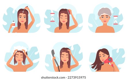 Hair beauty treatment, steps of spa procedures set vector illustration. Cartoon girls apply oil essence, massage with comb and wash with water and shampoo in shower, dry wet hair with hairdryer