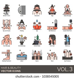 Hair & beauty vector icon. Barber chair, comb, moustache, yoga, body massage, spa, facial, spa, manicure, pedicure, foot massage, aromatherapy, herbal detox, hair care, makeup, waxing, jacuzzi, sauna.