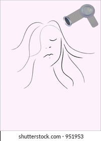 Hair Being Dried With Blow Dryer, Pretty Girl With Long Hair, Illustration.