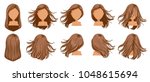 Hair blown women set. Wide view The hair is blown away. Front, rear, left, right. Beautiful hairstyle brown long hair of female.  trendy haircut. vector icon set isolated on white background.
