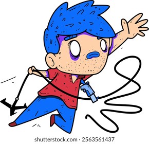 A Hair Blue Boy is jumping between hills using a rope