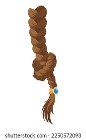 Hair braid. Long female fashion plait. Vector illustration of human hair in natural color. Cartoon art illustration with ribbon isolated on white background