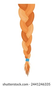 Tiras de pelo. Larga trenza de moda femenina. Ilustración vectorial de pelo humano en color natural. Ilustración de arte de dibujos animados con cinta aislada sobre fondo blanco