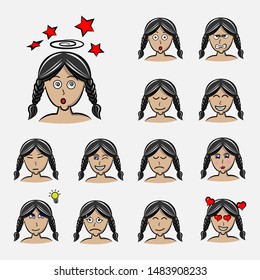 hair braid Set of woman's emotions. Facial expression. Girl Avatar. Hand drawn style vector design illustrations