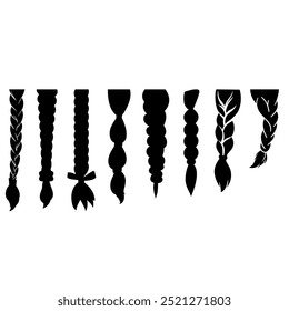 Cabelo trançado ícone vetor conjunto. Coleção de sinais de ilustração de trança feminina. Símbolo ou logótipo capilar.