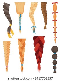 Hair braids. Long female fashion plaits. Vector illustration of human hair in different natural colors. Cartoon art illustration with ribbons isolated on white background