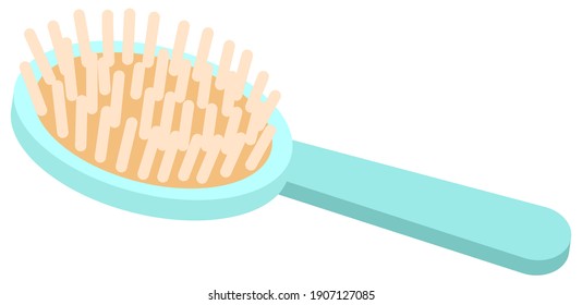 Hair brush with many bristles vector illustration. Blue comb isolated on white background. Item for combing hair and scalp care. Wooden comb with soft, comfortable bristles and a long handle