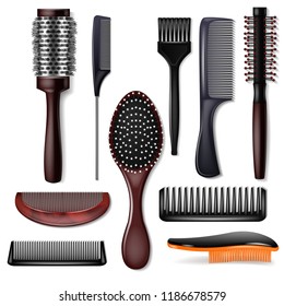 Hair brush vector hairstyling comb or hairbrush and haircare accessory in barber salon illustration set of hairstyle barber tool isolated on white background