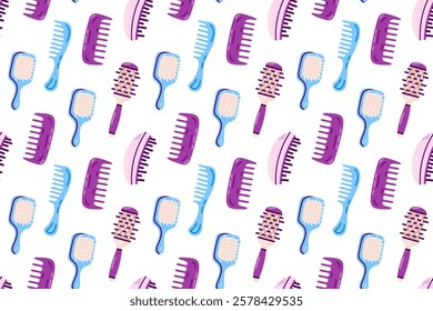 Hair Brushes Collection. A collection of various hairbrushes and combs in purple and blue tones, designed for hairstyling and beauty-related illustrations