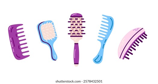 Hair Brushes Collection. A collection of various hairbrushes and combs in purple and blue tones, designed for hairstyling and beauty-related illustrations