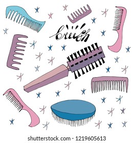 Hair brushes isolated set,colorful hairbrushes pattern, pink and blue brushes for girls and hairdresser, hair care things isolated comb on white background