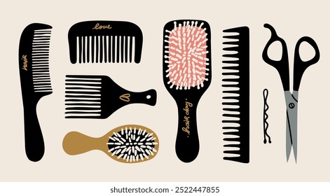 Escovas para cabelo, pentes de cabelo de plástico, tesouras. Ilustração Vetor moderna desenhada à mão. Cabelo, acessórios de cabeleireiro, ferramentas, equipamentos, corte de cabelo e conceito de estilo. Elementos de design isolados