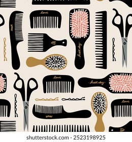 Hair brushes, plastic hair combs, scissors. Hand drawn modern Vector illustration. Hair care, hairdresser accessories, tools, equipment, hair cutting and styling concept. Square seamless Pattern