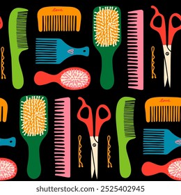 Hair brushes, plastic hair combs, scissors. Hand drawn modern Vector illustration. Hair care, hairdresser accessories, tools, equipment, hair cutting and styling concept. Square seamless Pattern