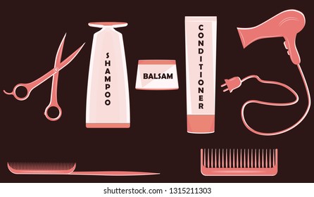 Hair care accessories - flat style - coral color on dark background - vector