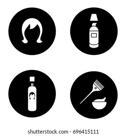 Hair care accessories glyph icons set. Wig, spray bottle, concealer cream, hair dyeing kit. Vector white silhouettes illustrations in black circles