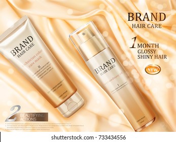 Hair care ads, top view of luxury hair repair product on glossy light yellow satin with some particles in 3d illustration Hair care ads, top view of luxury hair repair product on glossy light yellow satin with some particles in 3d illustration