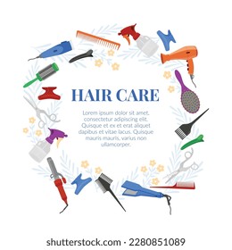 Banner de cuidado del pelo o plantilla de tarjeta para la venta de productos cosméticos o servicios de peluquería, ilustración plana vectorial sobre fondo blanco. Cartel con herramientas de peluquería.