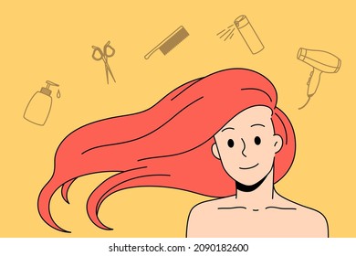 Hair care and beauty concept. Portrait of smiling girl with red hair and care tools dryer scissors mask shampoo above vector illustration 