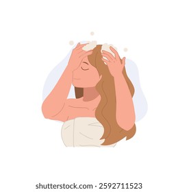 hair care and beauty concept. woman washing hair with foamy shampoo in refreshing shower hair care hygiene and wellness