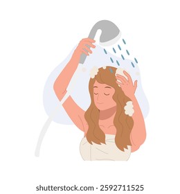 hair care and beauty concept. woman washing hair with foamy shampoo in refreshing shower hair care hygiene and wellness