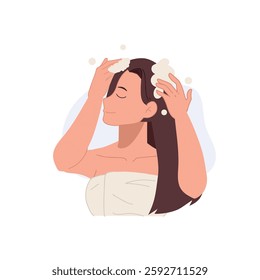 hair care and beauty concept. woman washing hair with foamy shampoo in refreshing shower hair care hygiene and wellness