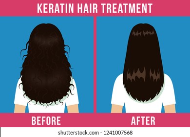 Hair care. Before and after keratin treatment. Split ends, damaged hair, straightening hair. Vector