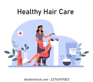 Hair care. Character applies hair oil and mask to her hair in the salon. Hair treatment procedure with conditioner, spray, balm. Beauty salon professional treatment. Flat vector illustration