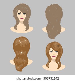 Hair care and coloring. Lamination of hair and shine after the treatment. Vector illustration.