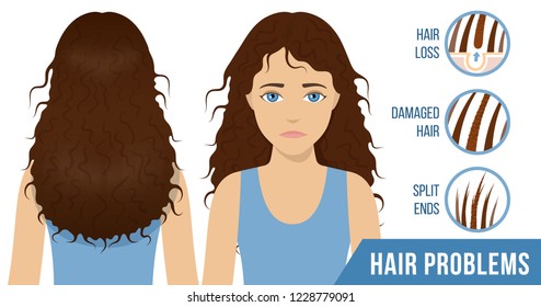 Hair care. Common problems - split ends, damaged hair, hair loss. Vector