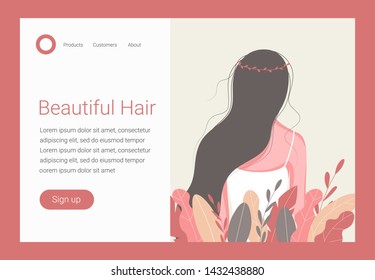 Hair care concept. Beautiful woman with long hair. Landing page design template for beauty, spa, wellness, natural products, cosmetics, body care. Vector illustration.