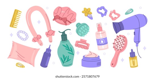 Hair care cosmetic products, accessories stickers set. Silk pillow, scalp massager, hairdryer, heatless curl band and other beauty elements. Modern cartoon concept. Vector illustration.