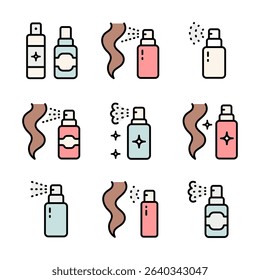 Hair care cosmetics color icons set. Hair Spray vector sign of woman beauty salon. Dry shampoo, conditioner, hair mask line sign. Woman health haircare symbol. Outline sign for web design.