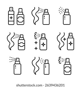 Hair care cosmetics icons set. Hair Spray vector sign of woman beauty salon. Dry shampoo, conditioner, hair mask sign. Woman health haircare symbol. Outline sign for web design isolated on white.