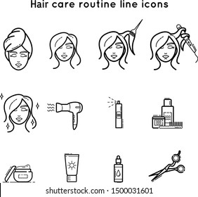 Hair care cosmetics and tools line icon. Styling, treatment, salon procedure Use for online shop, beauty salon or blogger, hairdresser story highlights. Isolated on white background.
