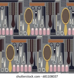 Hair care element vector illustration seamless pattern. Beauty salon collection icons. Hair style, haircut, hairbrush, scissors, curlers, hair clips, hairpins, hair combs.