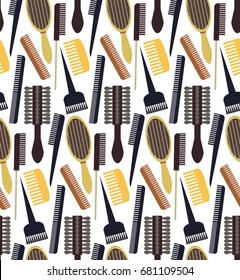 Hair care element vector illustration seamless pattern. Beauty salon collection icons. Hairbrush set.