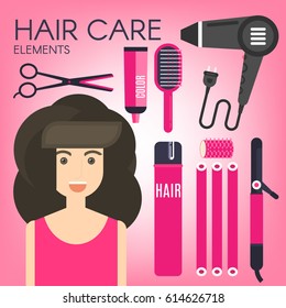 Hair care elements.A set of items for hair care. Girl with modern hairstyle.Modern flat design.Hairdressing salon elements.