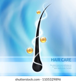 Hair care, ends splitting prevention concept. Nourishing shampoo for health hairs vector background. Hair ends vitamins protect illustration