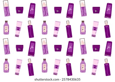 Hair Care Essentials pattern. A collection of hair care essentials, including shampoos, conditioners, and styling products, in purple and pink tones. Ideal for beauty branding and packaging