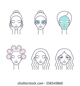 Hair care and facial skin icon set