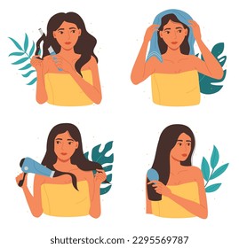 Hair care. Girl applying beauty caring products, blow dry hair and hairstyle styling. Female character curling hair with equipment, combing, drying with towel. Beauty routine vector isolated set