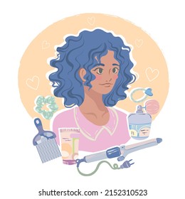 Hair care, Girl and various items hair, curling iron, comb, gel, hair bands, spray. Vector illustration for postcards, stickers, posters. Cartoon style