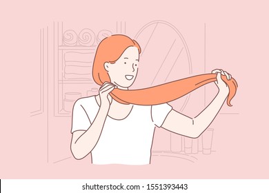 Hair care, hairdo, beauty, saloon procedure concept. Hairstyle, healthy chevelure, cosmetic products effect, young woman combing her hair, taking care of herself. Simple flat vector